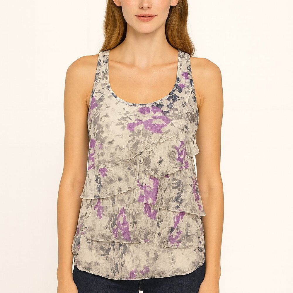 Eliot Sheer Silk Floral Ruffle Racerback Boho Gift Party Relaxed Spring Summer